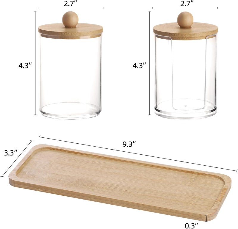 Tbestmax 10 oz Qtip Holder with Vanity Tray, 3 Pack Cotton Swab/Ball/Pad Dispenser Apothecary Jar, Clear Bathroom Containers Dispenser for Storage Bamboo Lids - Image 2